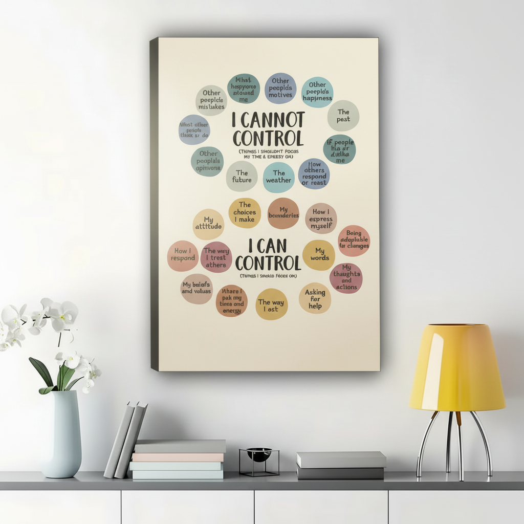 I Cannot Control / I Can Control Mental Health Check-In – Minimalist Therapy Wall Art on Natural Wood Canvas