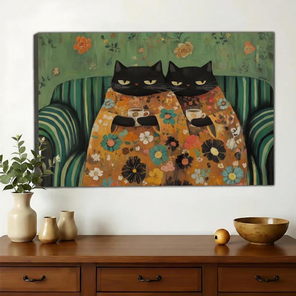 Two Black Cats in Floral Blankets – Cozy Vintage Wall Art on Natural Wood Canvas