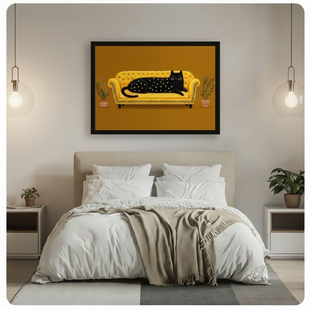 Black Cat Golden Sofa Boho Canvas Wall Art