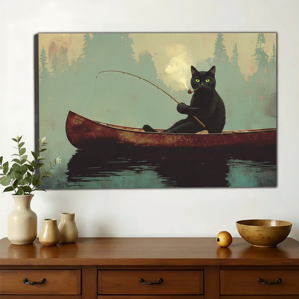 Black Cat Fishing in a Canoe Wall Art – Vintage Wilderness Canvas Print on Natural Wood Frame