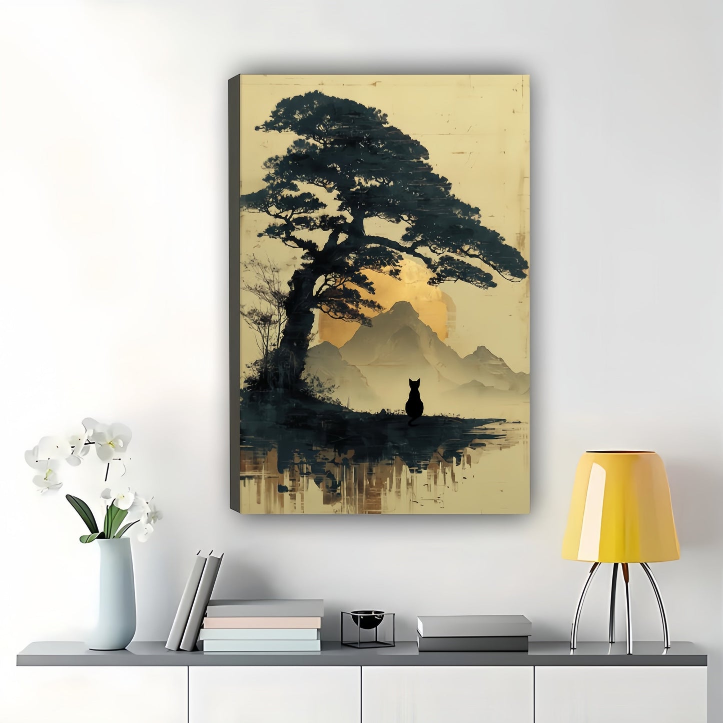 Black Cat in Japanese Mountain Landscape – Ukiyo-e Style Wall Art on Natural Wood Canvas