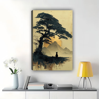 Black Cat in Japanese Mountain Landscape – Ukiyo-e Style Wall Art on Natural Wood Canvas