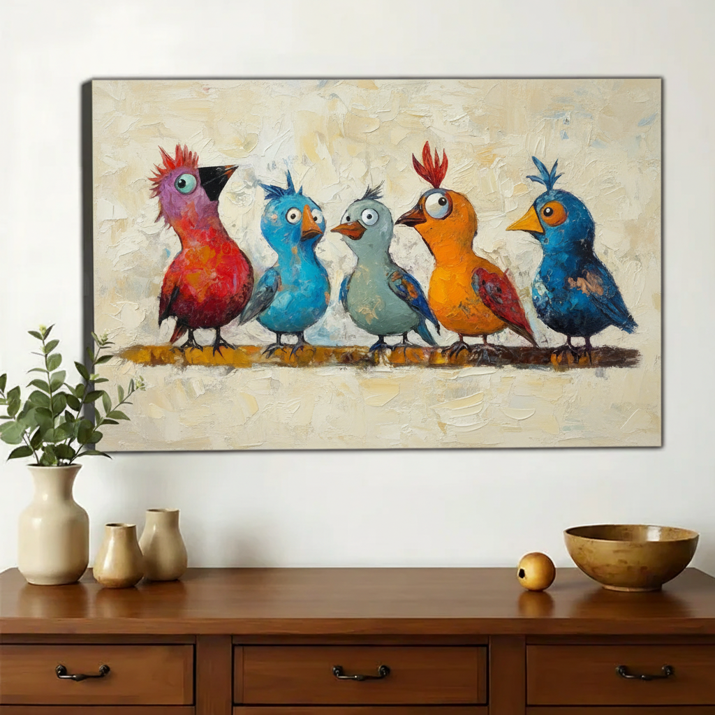 Colorful Birds Parade Wall Art – Whimsical Rainbow Birds Canvas Print on Natural Wood Frame