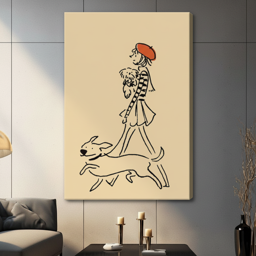 Parisian Girl Dogs Walk Minimalist Line Art Canvas Print