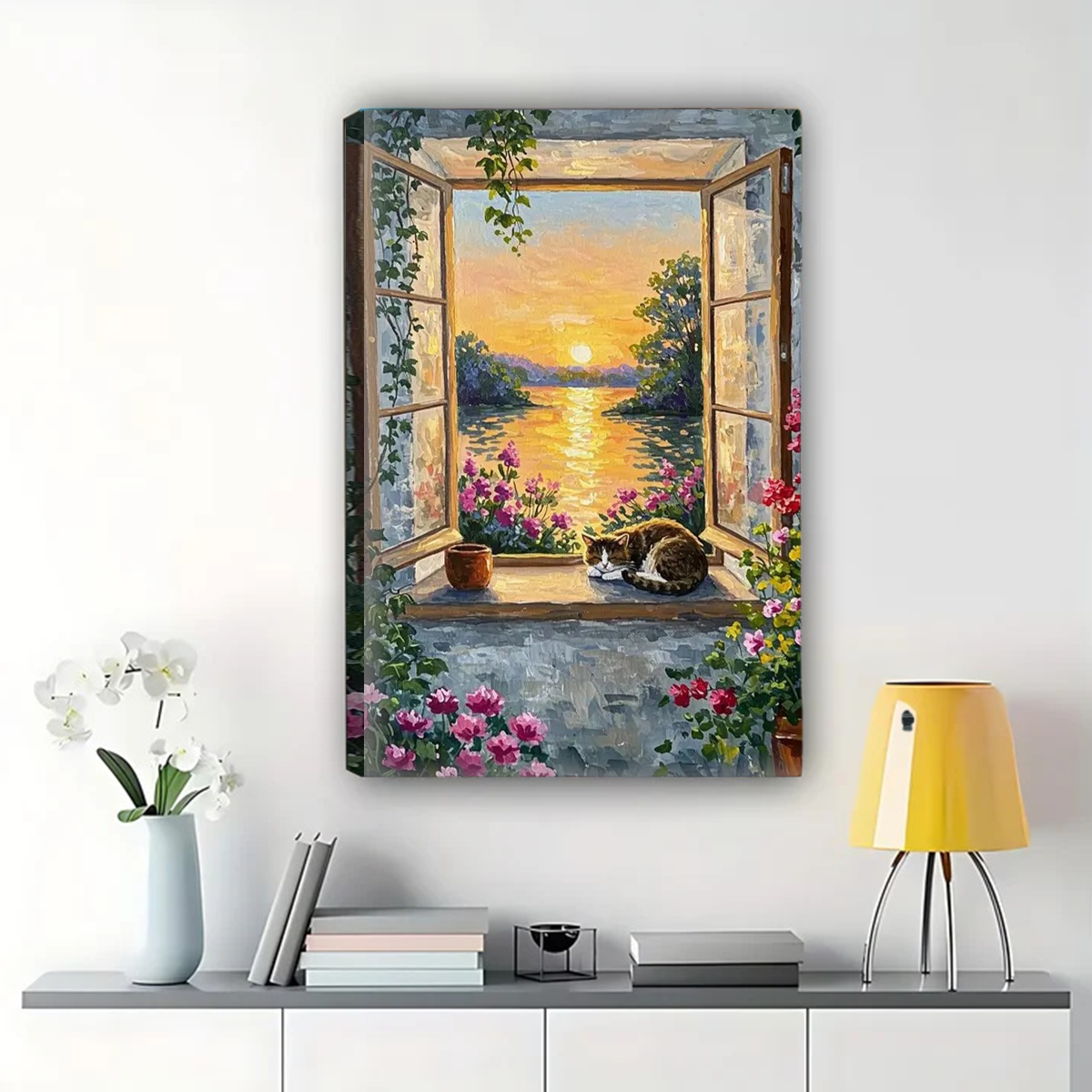 Sleeping Cat Window View Canvas Print - Sunset Lake Landscape Wall Art
