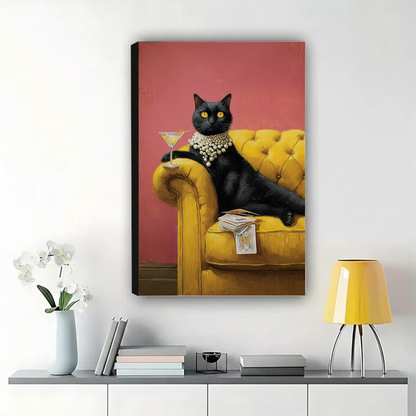 Glamorous Black Cat with Martini & Pearls Wall Art – Vintage Cat Canvas Print on Natural Wood Frame