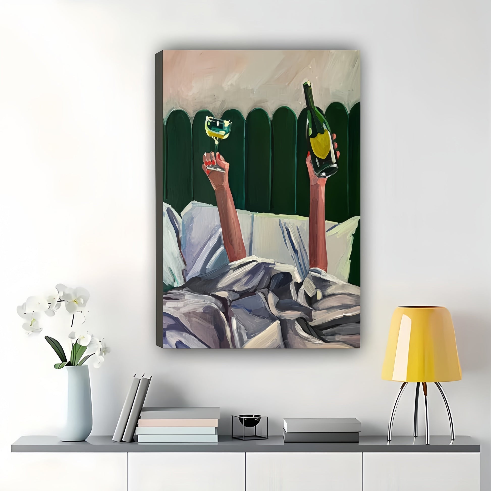 Champagne Toast in Bed – Celebration Oil Painting Wall Art on Natural Wood Canvas