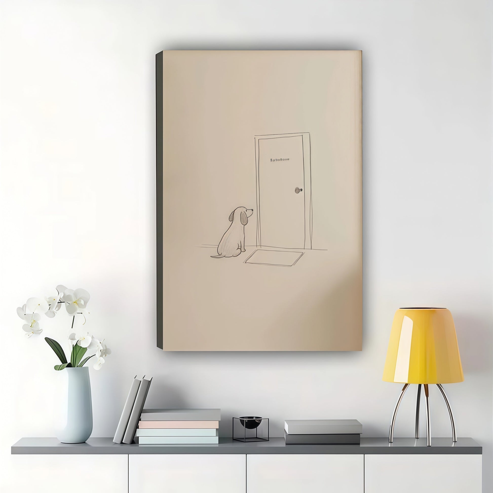 Dog Waiting at the Door Line Art Wall Art – Simple Hand-Drawn Pet Canvas Print on Natural Wood Frame