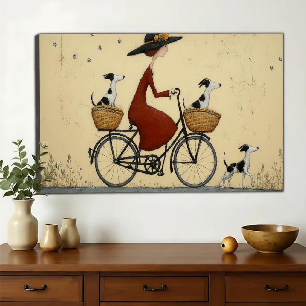 Lady on Bicycle with Three Dogs Wall Art – Vintage Folk Art Canvas Print on Natural Wood Frame