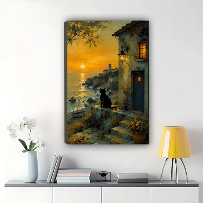 Sunset Coastal Black Cat Wall Art – Vintage Impressionist Cat Canvas Print on Natural Wood Frame