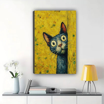 Peeking Black Cat Wall Art – Whimsical Vintage Oil Painting Style Cat Canvas Print