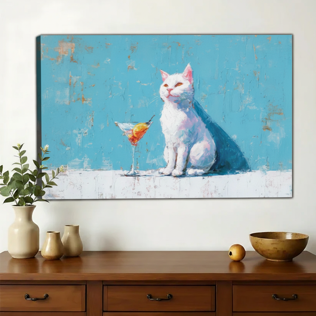 White Cat with Martini Glass Wall Art – Chic Cat Canvas Print on Natural Wood Frame