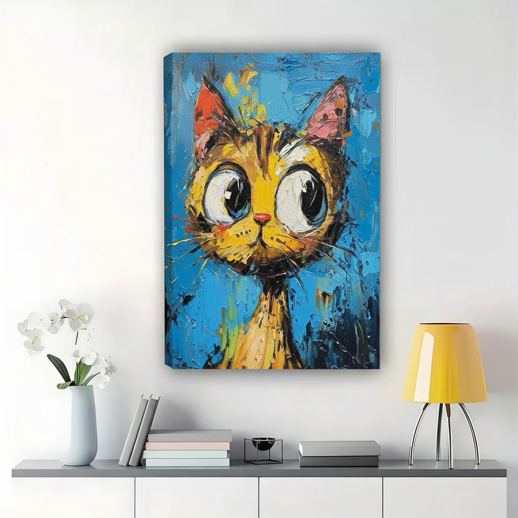 Wide-Eyed Orange Cat Wall Art – Bold Impasto Pop Art Canvas Print on Natural Wood Frame