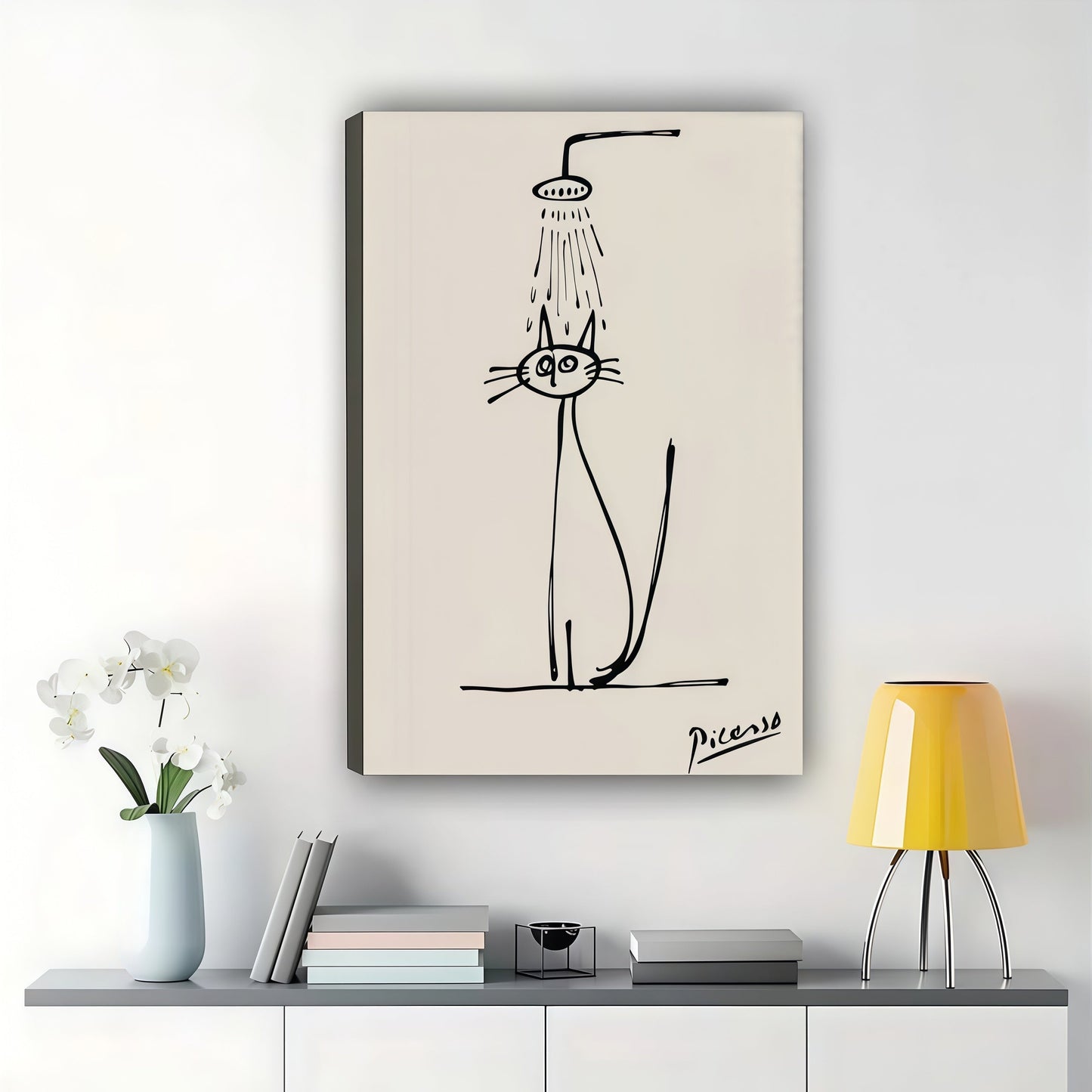 Minimalist Cat Shower Line Art Print | Funny Bathroom Wall Decor Pet Lover Gift Canvas Wall Art