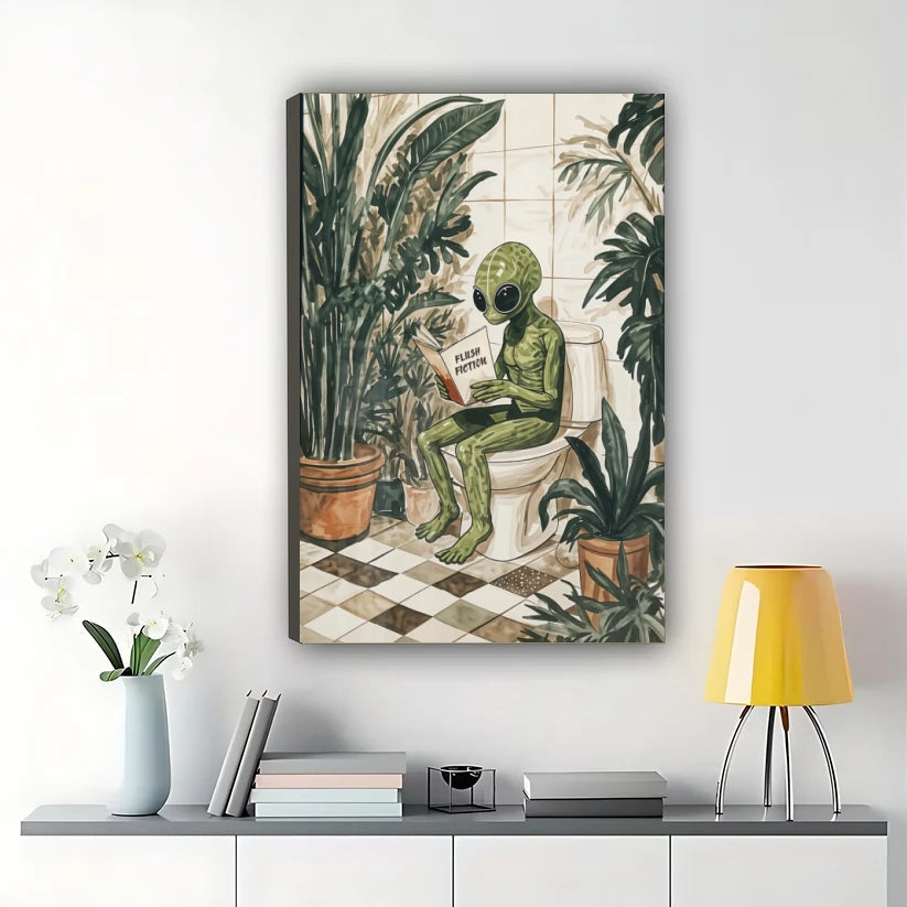 Alien Reading on Toilet – Whimsical Botanical Bathroom Wall Art on Natural Wood Canvas
