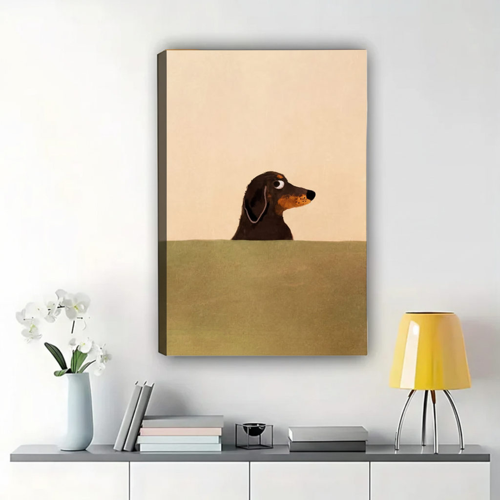 Minimalist Dachshund Portrait Wall Art – Cute Dog Illustration Canvas Print on Natural Wood Frame