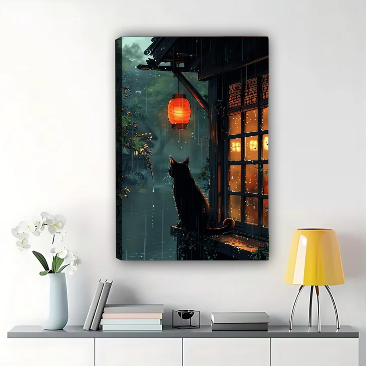 Cat in Rainy Window Wall Art - Asian Lantern Canvas Print