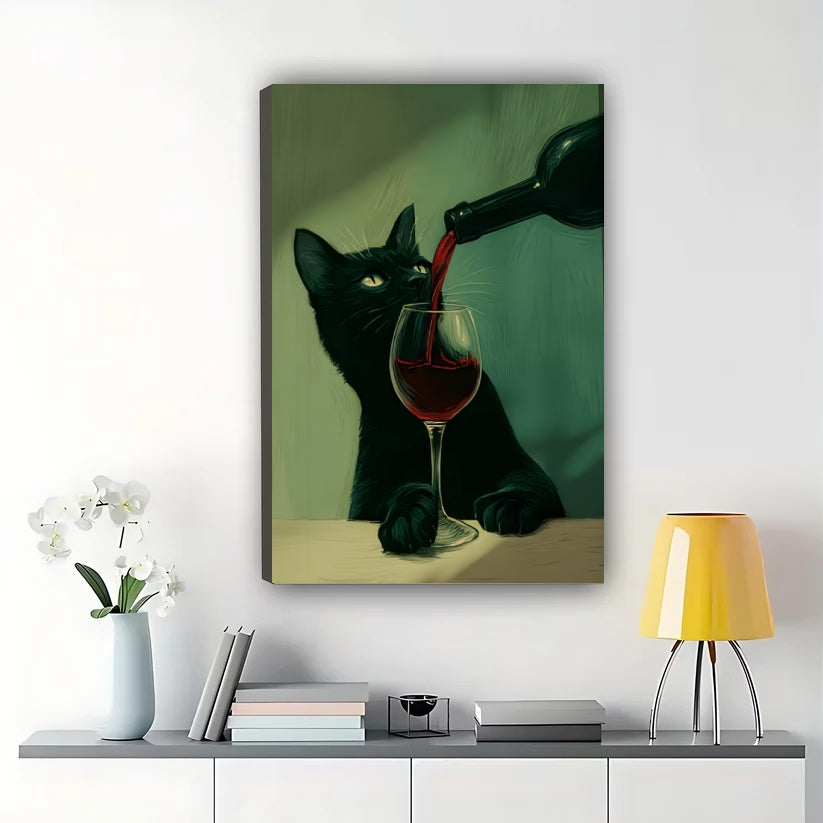 Black Cat Pouring Red Wine – Artistic Moody Wall Art on Natural Wood Canvas