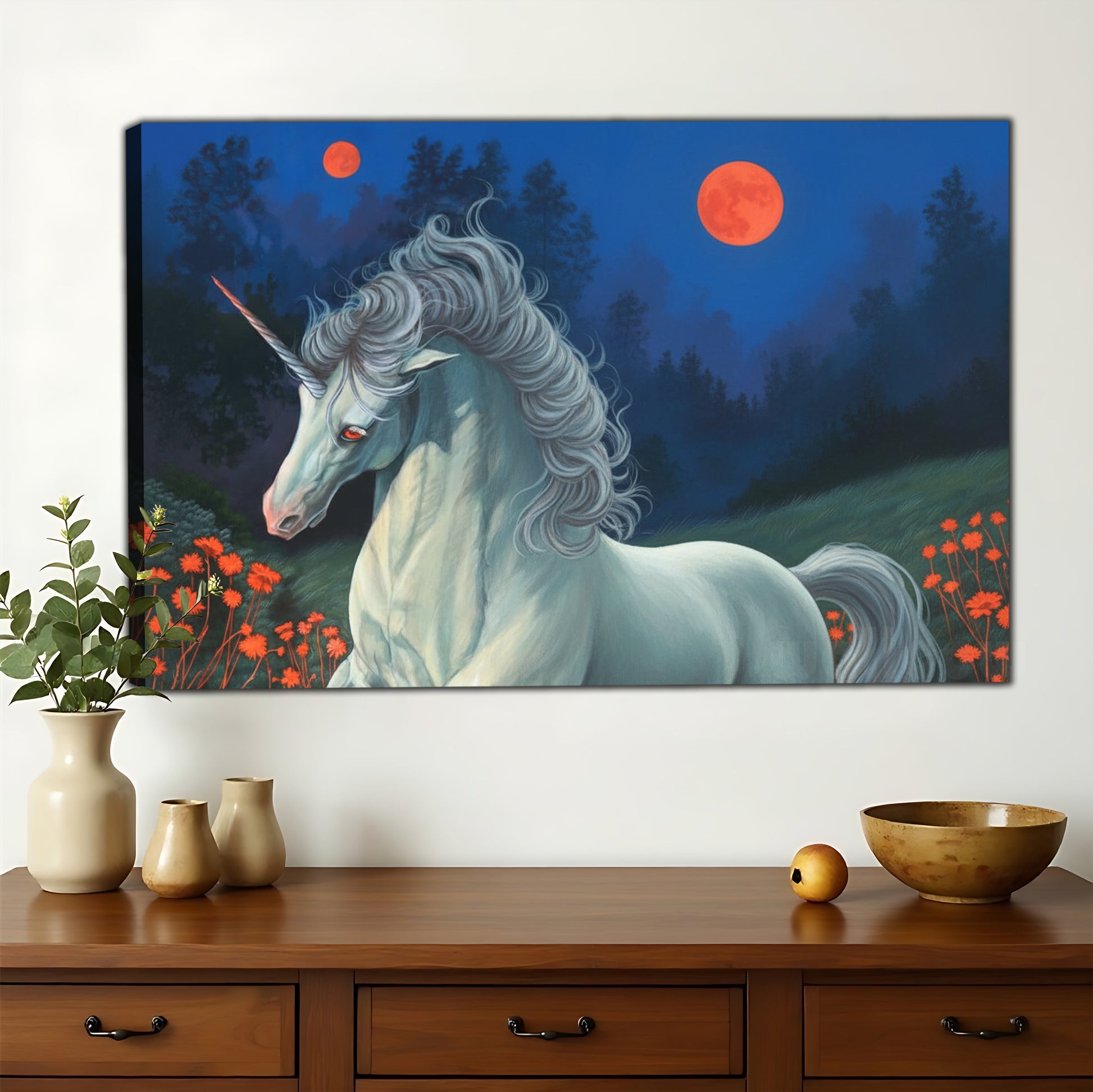 Moonlit Unicorn in Flower Field – Magical Fantasy Wall Art on Natural Wood Canvas