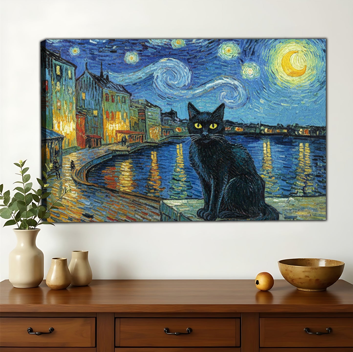 Van Gogh Starry Night Black Cat – Artistic Whimsical Wall Art on Natural Wood Canvas