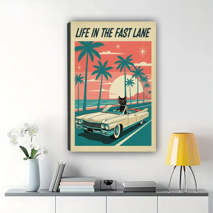 Life in the Fast Lane Retro Poster - Vintage Beach & Classic Car Art Canvas Wall Art
