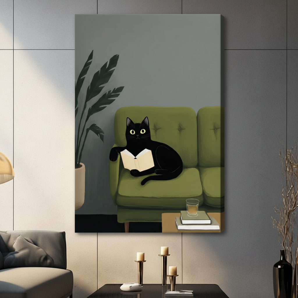 Black Cat Reading on Sofa Canvas Wall Art