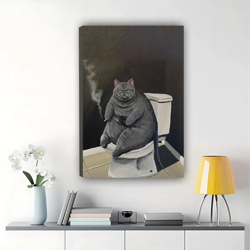 Chonky Cat on Toilet Smoking – Humorous Classic Art Parody Wall Art on Natural Wood Canvas