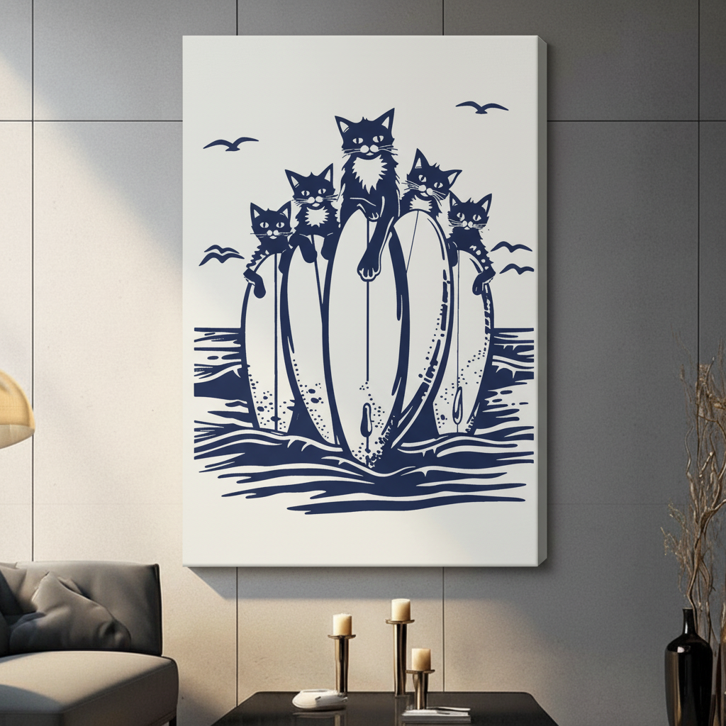 Surfing Cats Canvas Wall Art – Navy Linocut Print
