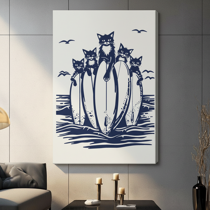 Surfing Cats Canvas Wall Art – Navy Linocut Print
