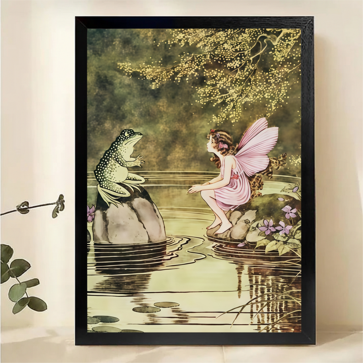 Fairy and Frog Canvas Wall Art - Enchanted Pond Scene