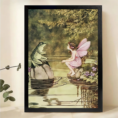 Fairy and Frog Canvas Wall Art - Enchanted Pond Scene