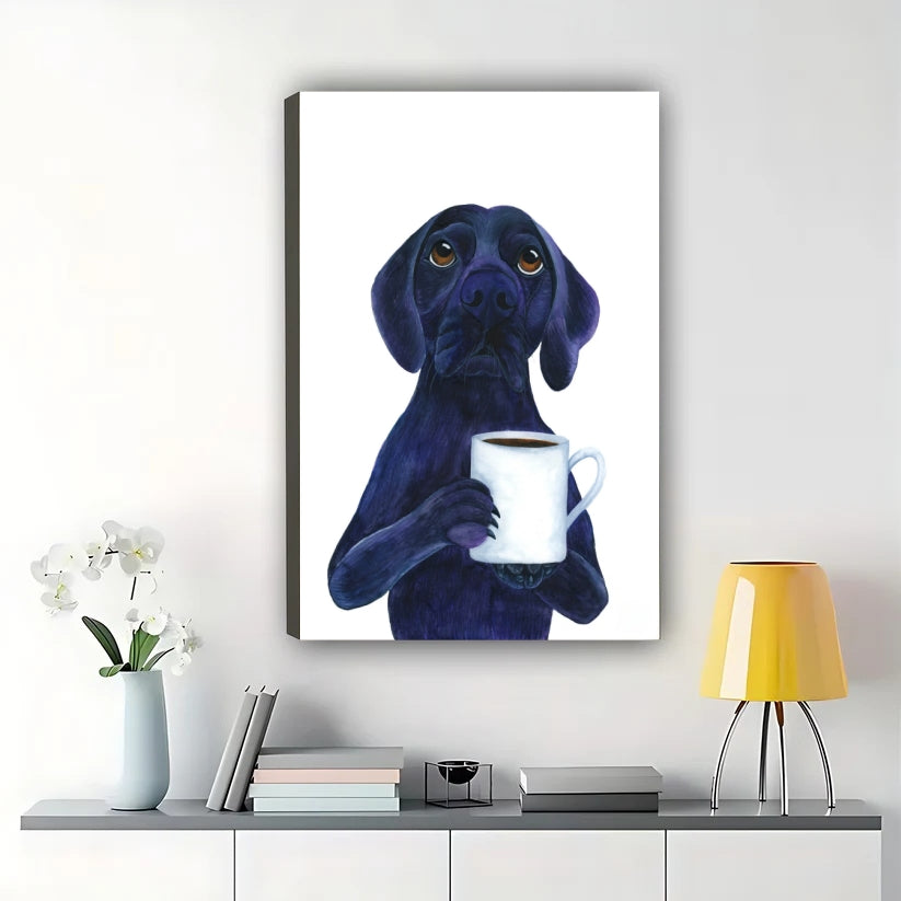 Black Labrador with Coffee Mug Wall Art – Whimsical Pet Dog Framed Canvas Print