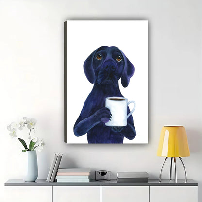 Black Labrador with Coffee Mug Wall Art – Whimsical Pet Dog Framed Canvas Print