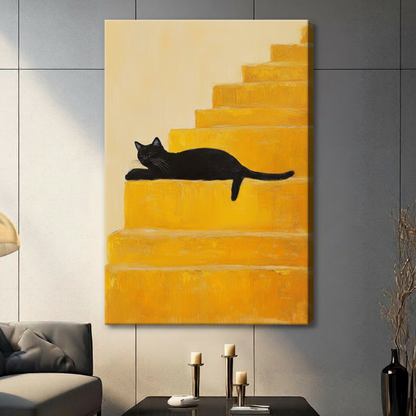 Black Cat Yellow Stairs Minimalist Canvas Wall Art