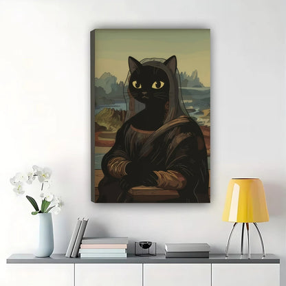 Mona Lisa Black Cat Parody – Classic Art Humorous Wall Art on Natural Wood Canvas