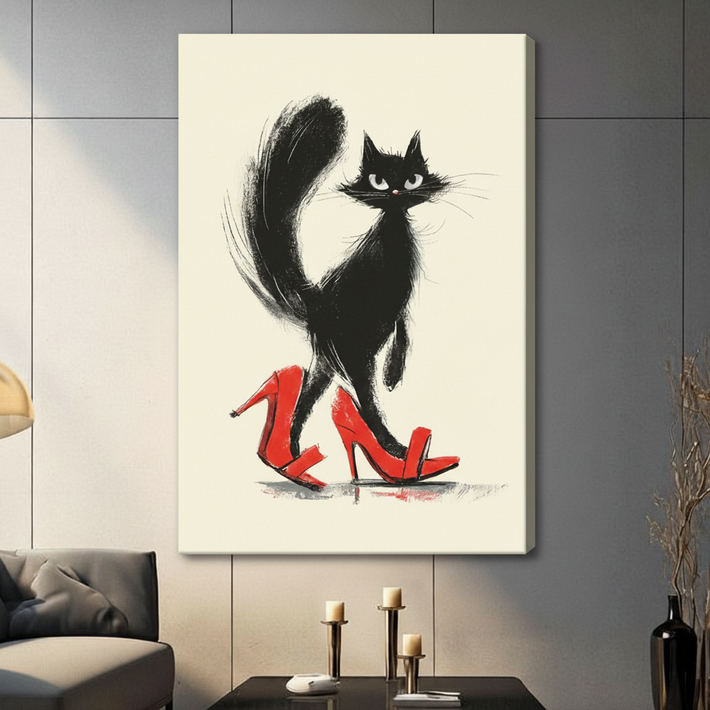 Chic Black Cat Red Heels Canvas Art Wall Art