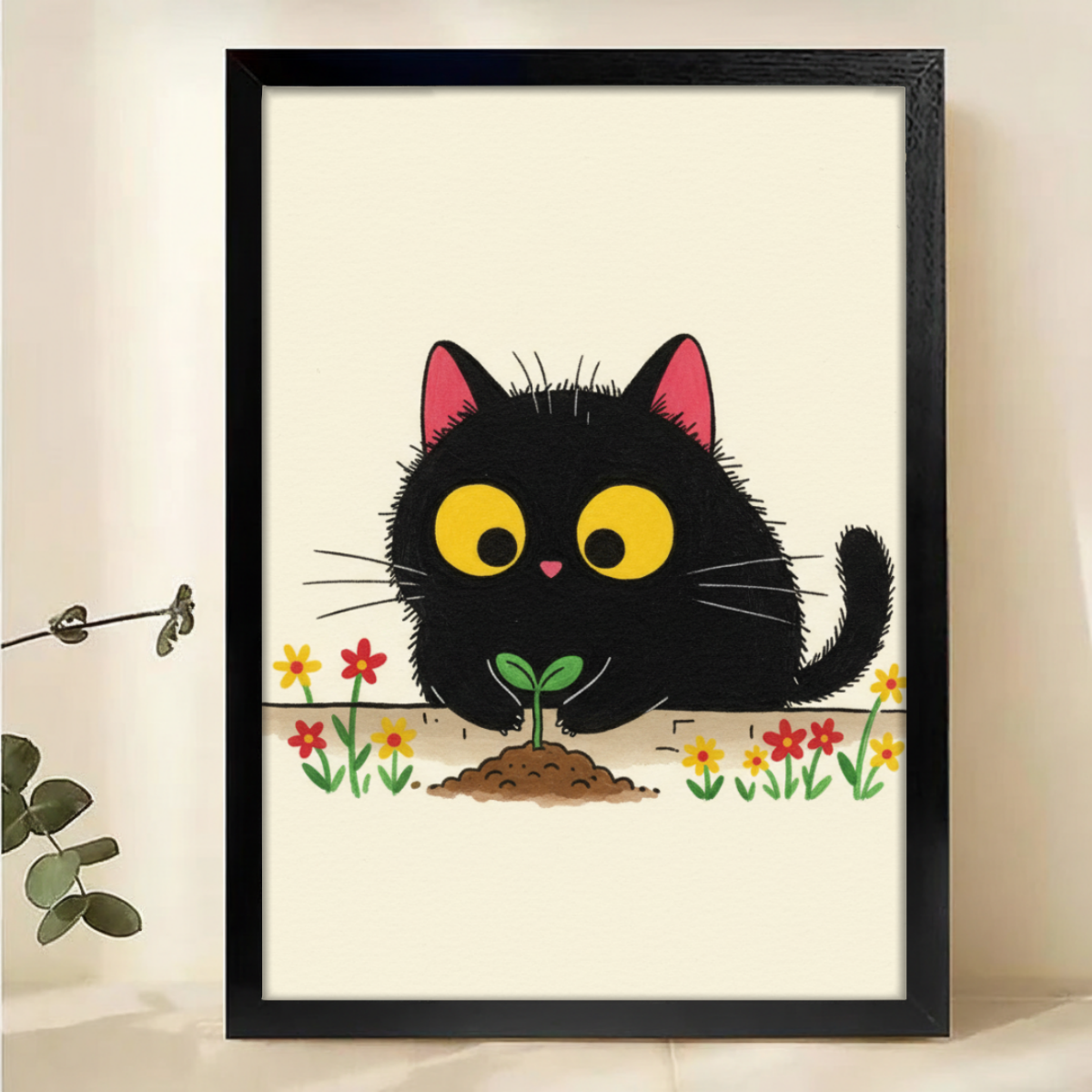 Black Cat Gardening Art Print - Whimsical Plant Lover Wall Decor Canvas Wall Art