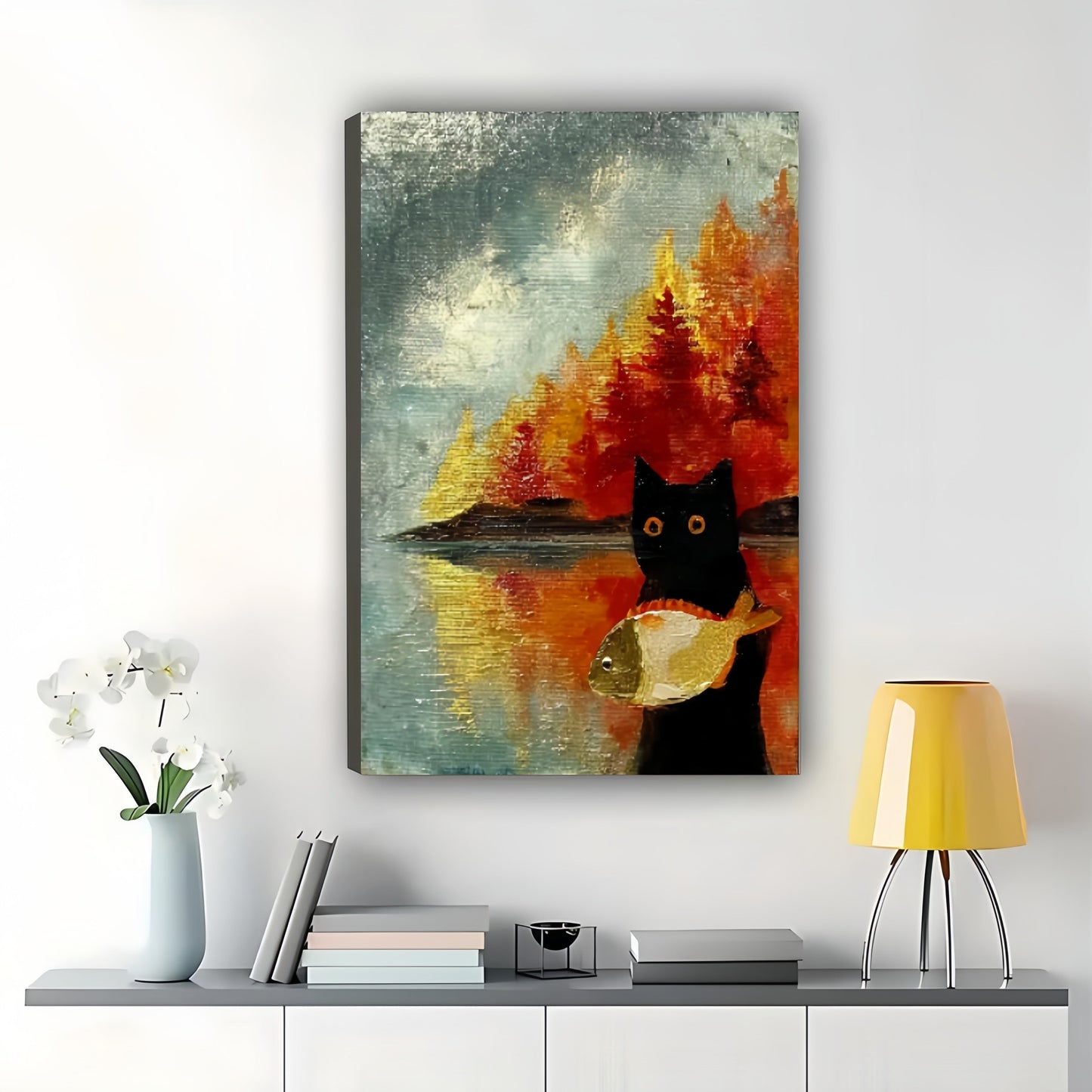 Black Cat with Fish by Autumn Lake – Vintage Landscape Wall Art on Natural Wood Canvas