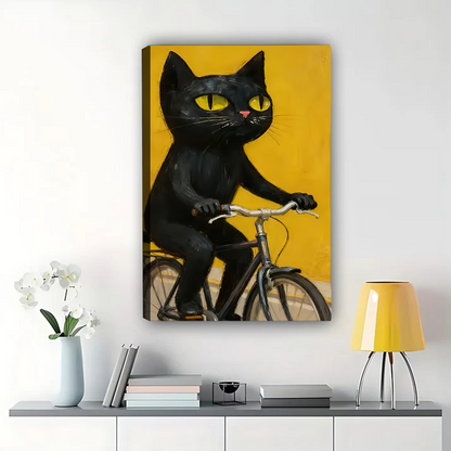 Black Cat on Bike Art - Quirky Yellow Wall Decor Canvas Wall Art