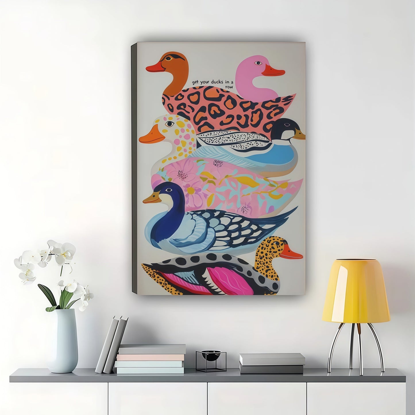 Stacked Pattern Ducks – Whimsical Colorful Wall Art on Natural Wood Canvas