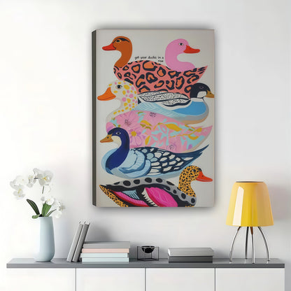 Stacked Pattern Ducks – Whimsical Colorful Wall Art on Natural Wood Canvas