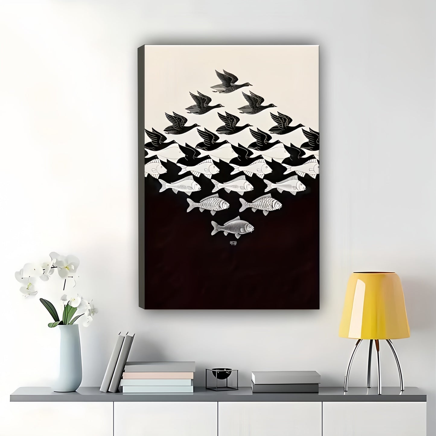 The Bird Fish Reversible Illusion – Minimalist Mind-Bending Wall Art on Natural Wood Canvas