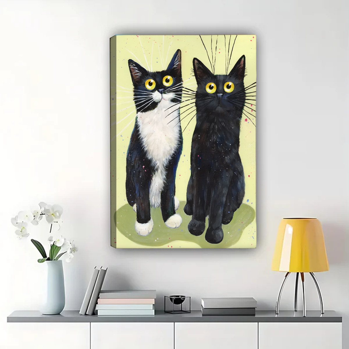 Two Black Cats Wall Art - Whimsical Watercolor Print