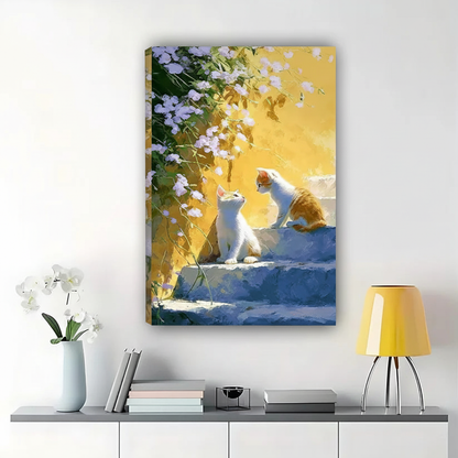 White Cats on Sunny Steps Wall Art – Bright Impressionist Cat Canvas Print on Natural Wood Frame
