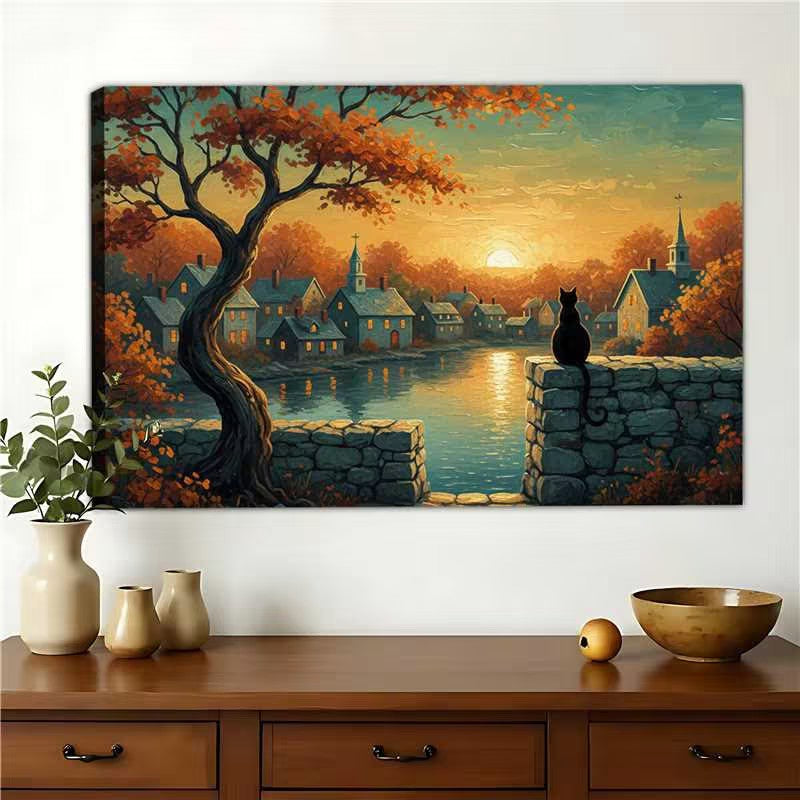 Autumn River Town Black Cat – Vintage Landscape Wall Art on Natural Wood Canvas