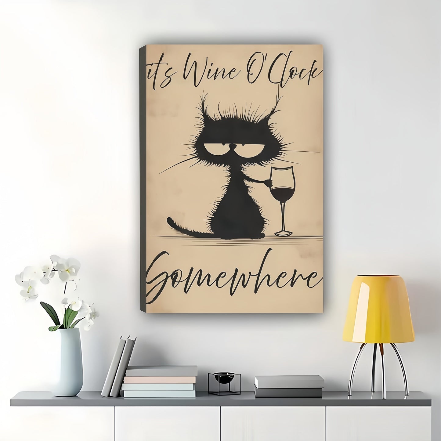 Wine O'Clock Cat – Whimsical Pet Quote Garden Flag Wall Art on Natural Wood Canvas