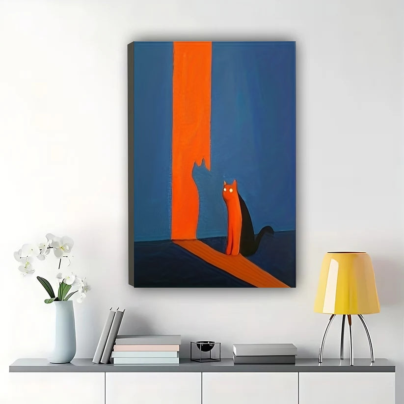 Orange Cat in Blue & Orange Hallway – Minimalist Mid-Century Wall Art on Natural Wood Canvas