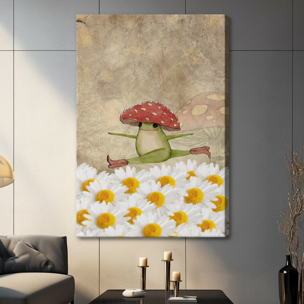 Mushroom Hat Frog Daisy Splits Whimsical Canvas Print