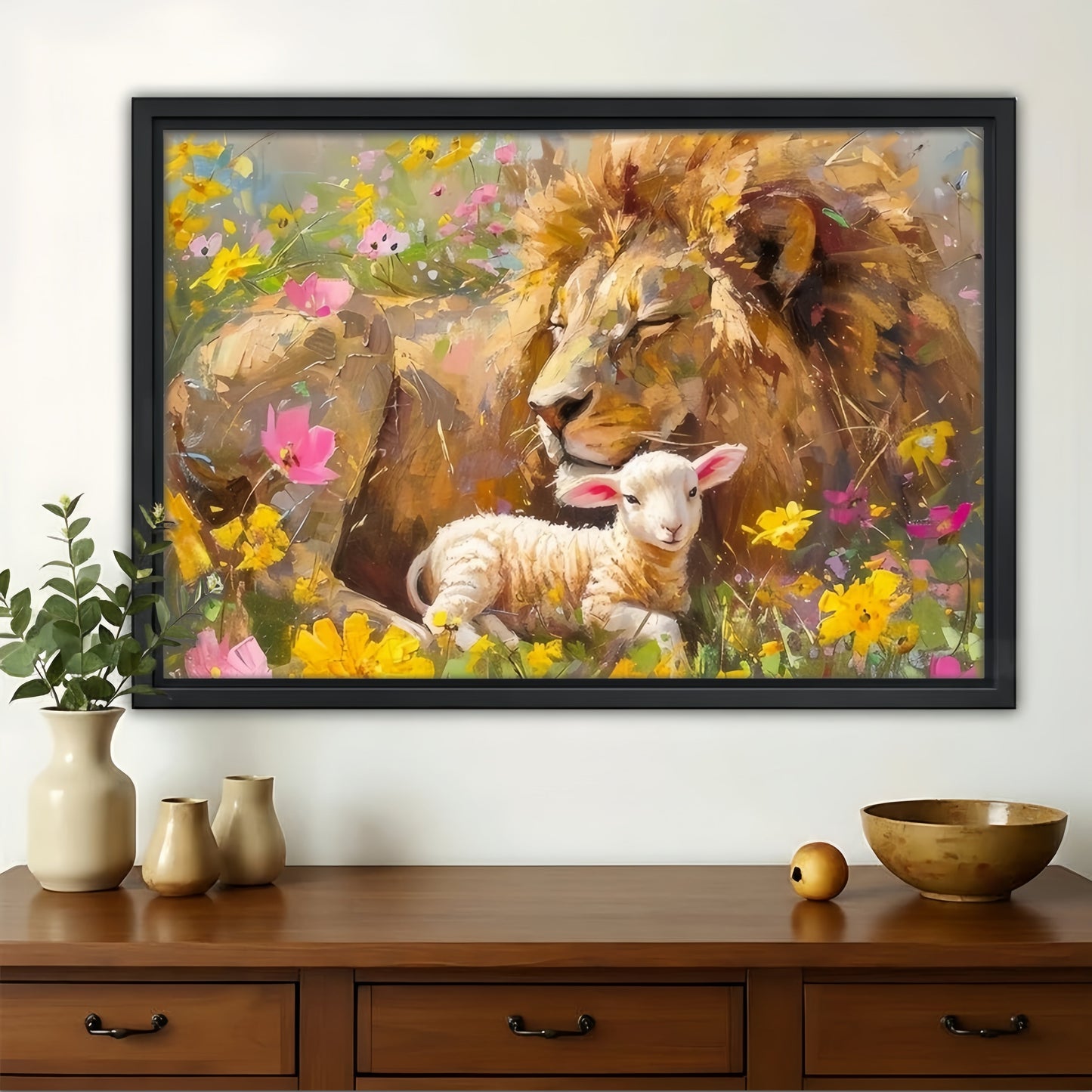 Lion and Lamb in Wildflowers Canvas Wall Art - Peaceful Animal Print