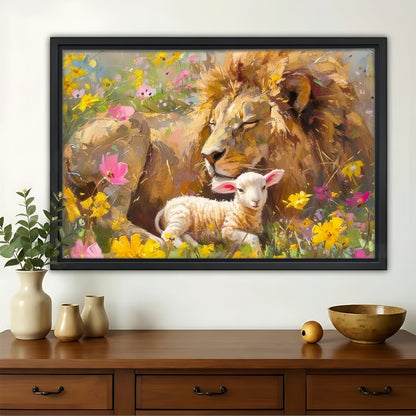 Lion and Lamb in Wildflowers Canvas Wall Art - Peaceful Animal Print